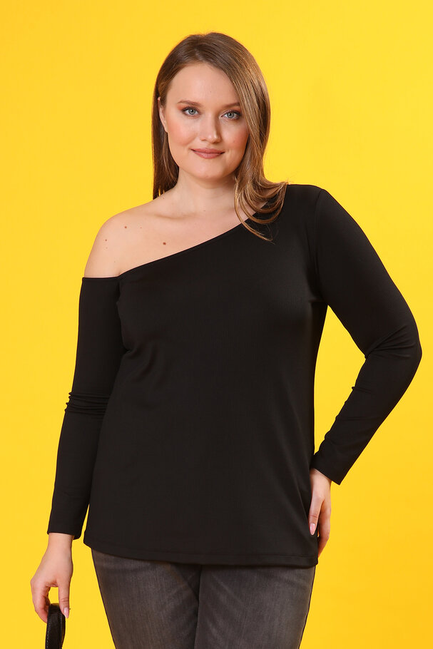 BLACK LONG SLEEVE TOP WITH ASYMMETRIC NECKLINE