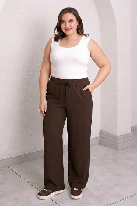 Büyük Moda - BELİ LASTİKLİ ve BAĞCIKLI GENİŞ PAÇA MODAL PANTOLON