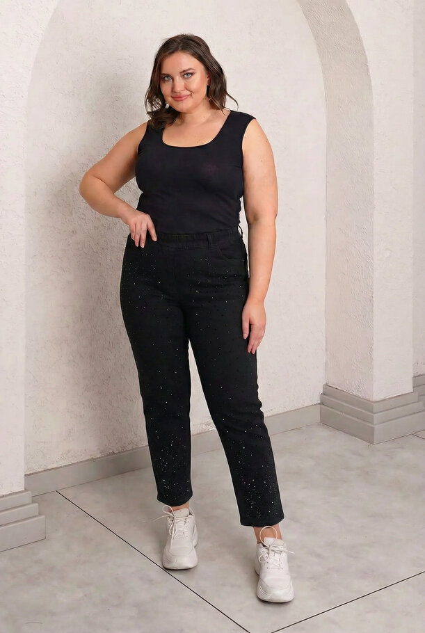 LİKRALI BELİ LASTİKLİ TAŞ BASKILI MOM JEAN +54