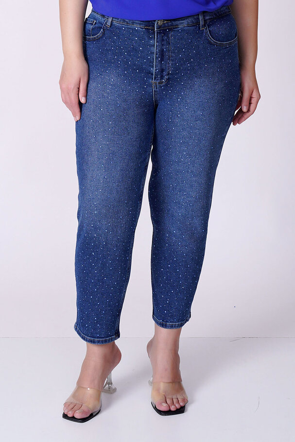 TAŞLI YÜKSEK BEL MOM FIT JEAN