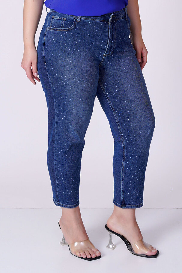TAŞLI YÜKSEK BEL MOM FIT JEAN
