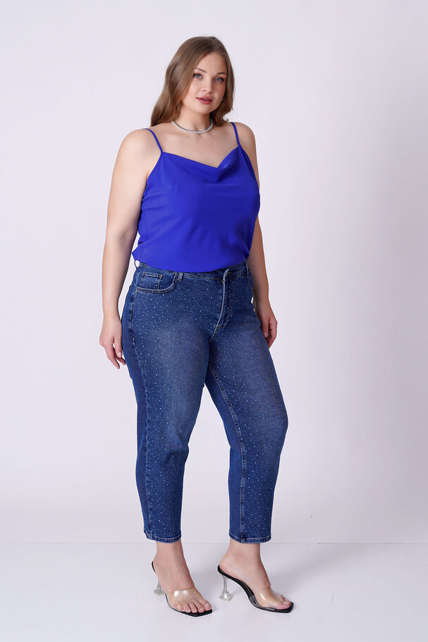 TAŞLI YÜKSEK BEL MOM FIT JEAN