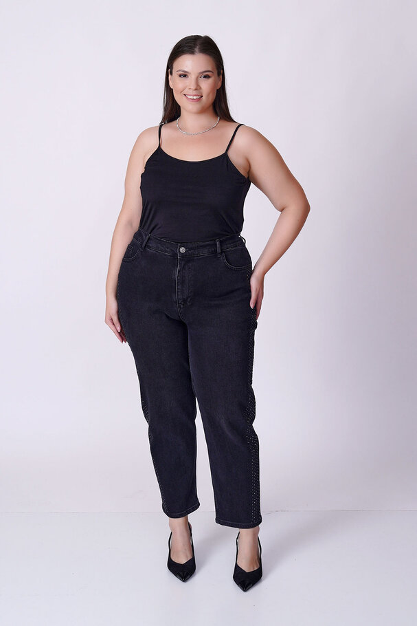 TAŞLI YÜKSEK BEL MOM FIT JEAN