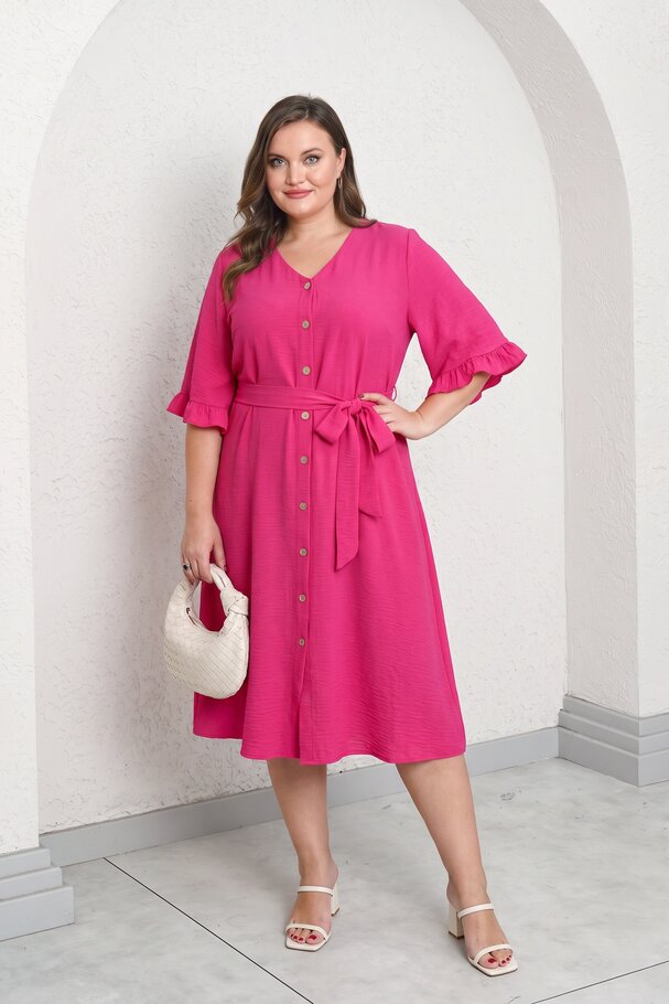 V-YAKA FIRFIR DETAYLI KETEN DOKULU ELBİSE