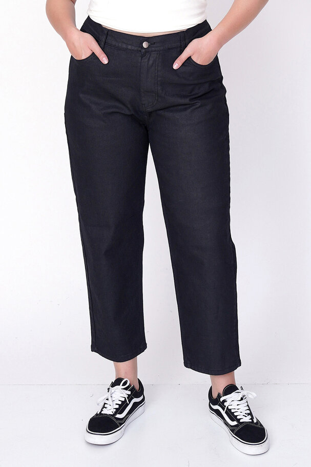 YÜKSEK BEL DERİ GÖRÜNÜMLÜ MOM JEAN