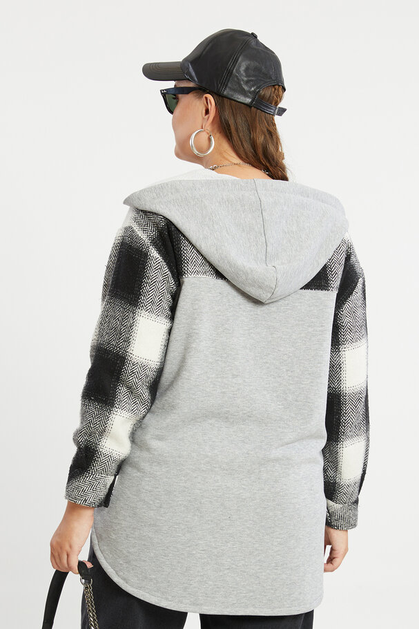 CHECK HOODED SHIRT WITH MIX FABRIC