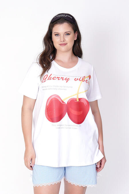 54957 - CHERRY PRINT STRIPED SHORTS PYJAMA SET (1)  - CHERRY PRINT STRIPED SHORTS PYJAMA SET (1)