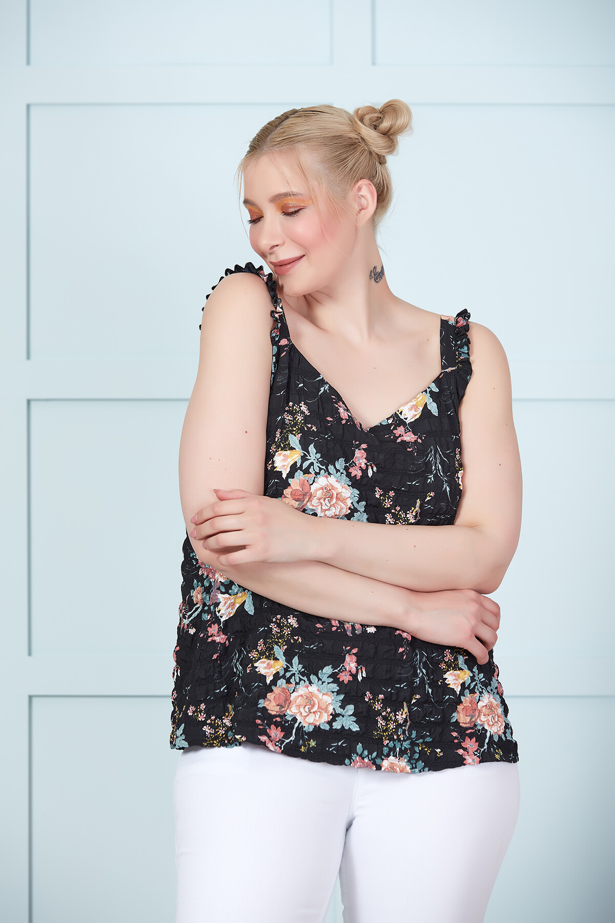 ÇİÇEK DESENLİ KALIN ASKILI BLUZ Büyük Beden Yeni Sezon