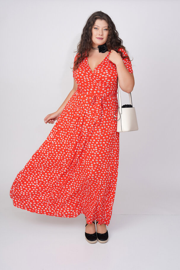 ÇİÇEK DESENLİ KRUVAZE YAKA WRAP ELBİSE