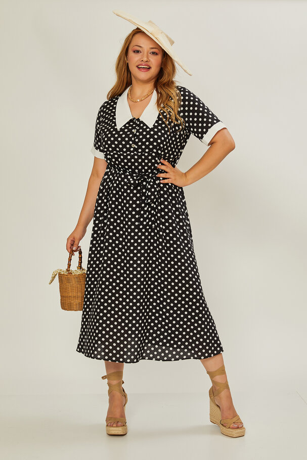 CONTRAST COLLAR POLKA DOT DRESS