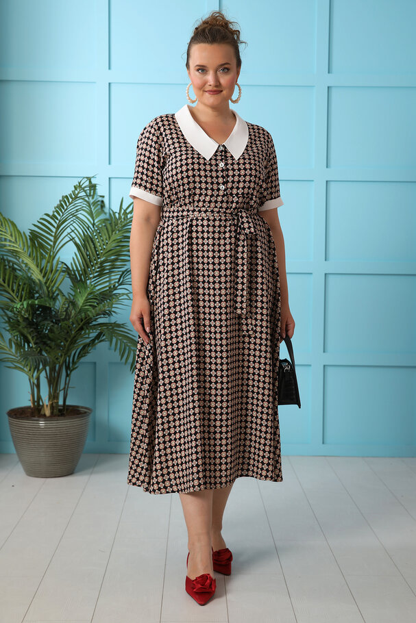 CONTRAST COLLAR VINTAGE PRINTED DRESS