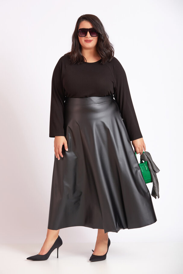 FAUX LEATHER FLARED LONG SKIRT