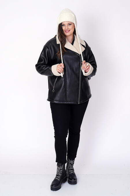 FAUX LEATHER JACKET WITH SHEARLING LINING - Thumbnail (2)