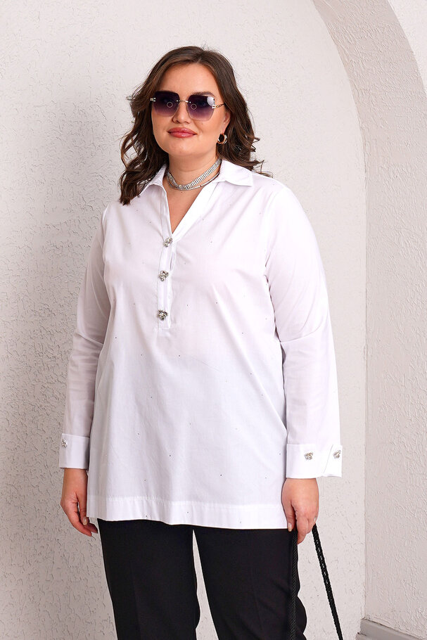 HEART BUTTON STRETCH POPLIN BLOUSE