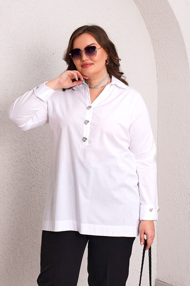 HEART BUTTON STRETCH POPLIN BLOUSE