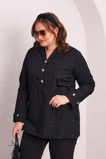 Büyük Moda - HEART BUTTON STRETCH POPLIN BLOUSE