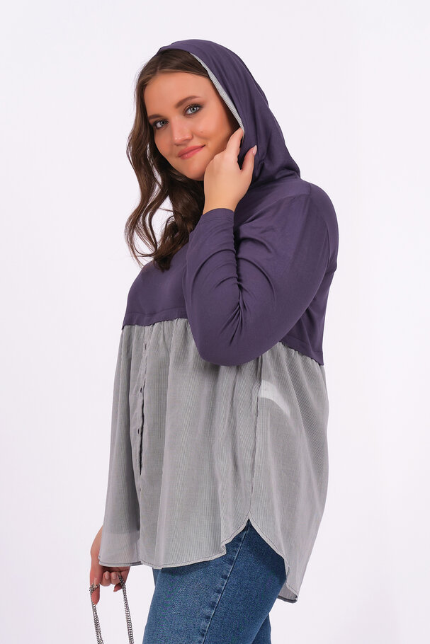 HOODED SHIRT WITH MIXED FABRIC