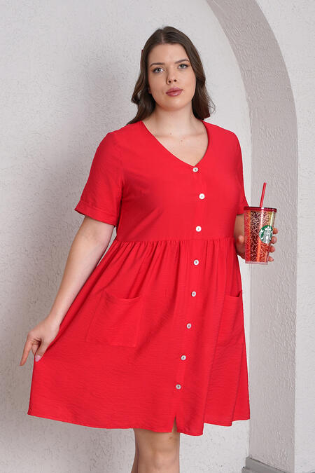 Büyük Moda - KETEN DOKULU V-YAKA ELBİSE (1) Büyük Moda - KETEN DOKULU V-YAKA ELBİSE (1)
