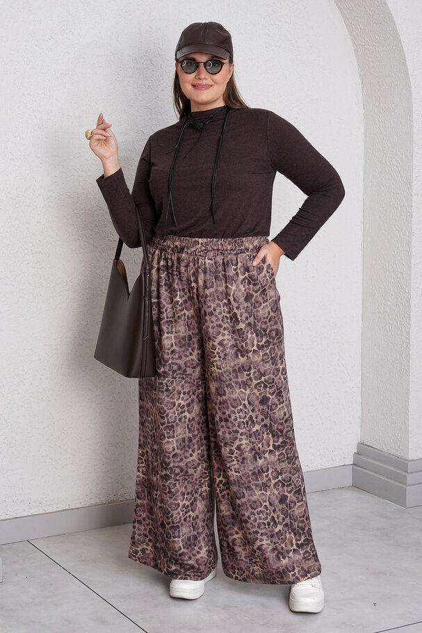 LEOPAR DESENLİ GENİŞ PAÇA TRİKO PANTOLON