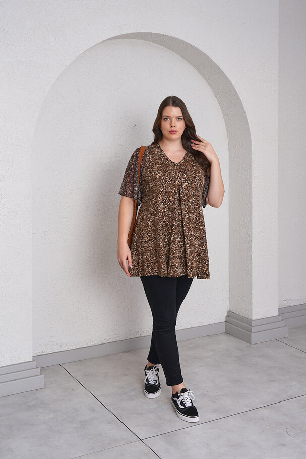 LEOPAR DESENLİ KOLLARI TÜL BLUZ