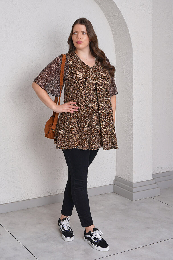LEOPAR DESENLİ KOLLARI TÜL BLUZ
