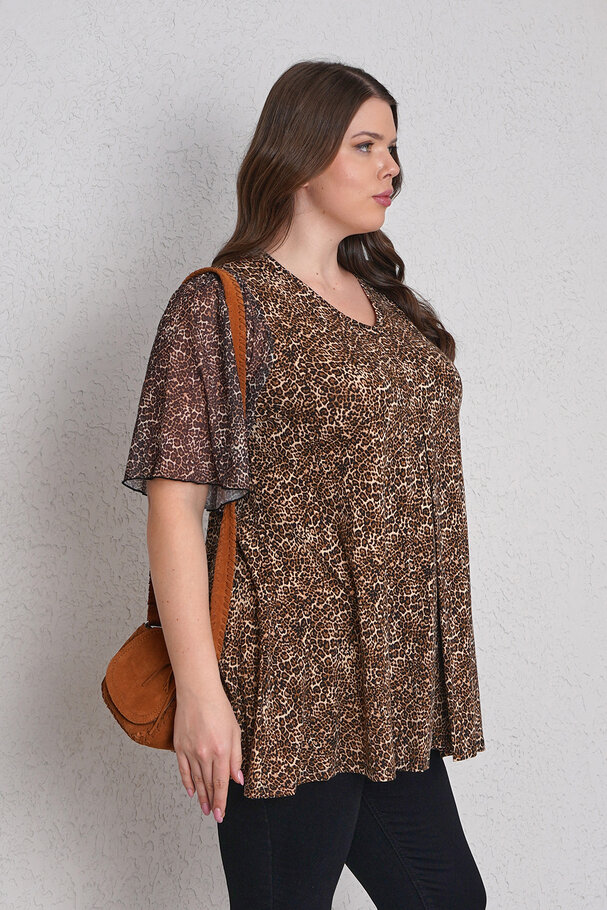 LEOPAR DESENLİ KOLLARI TÜL BLUZ