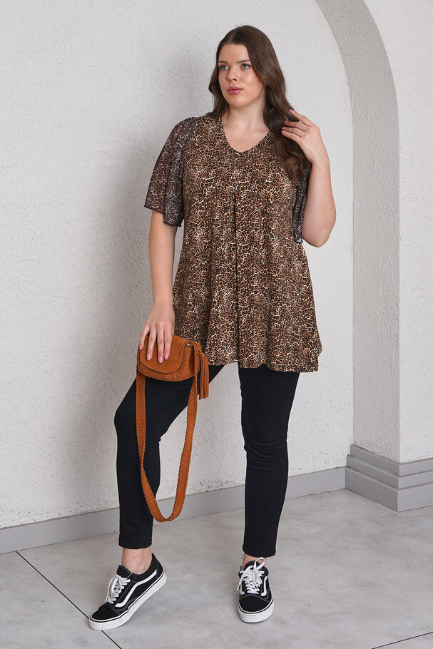 LEOPAR DESENLİ KOLLARI TÜL BLUZ