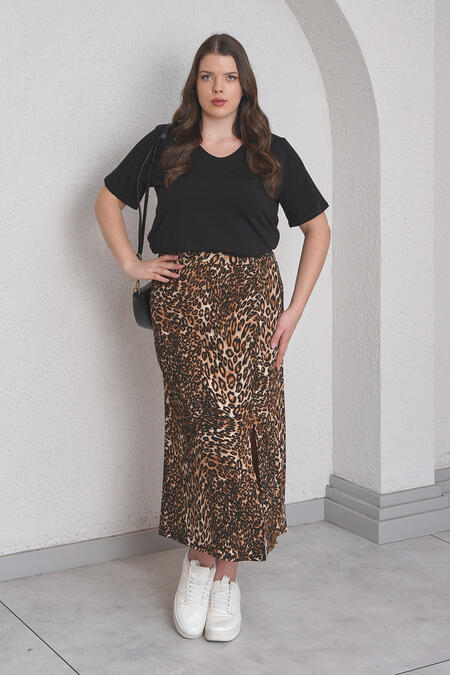 54634 - LEOPAR MİDİ BOY YIRTMAÇ DETAYLI ETEK