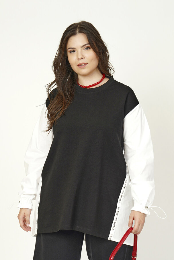 MIXED FABRIC BLOUSE WITH STRIPE DETAIL