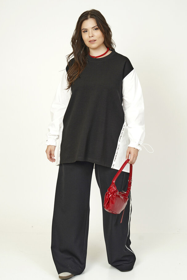 MIXED FABRIC BLOUSE WITH STRIPE DETAIL