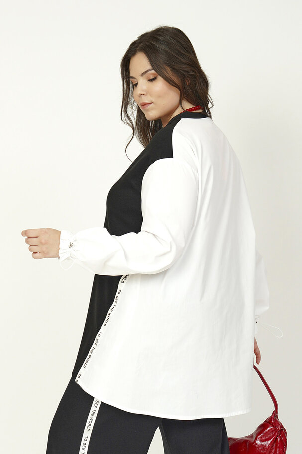 MIXED FABRIC BLOUSE WITH STRIPE DETAIL