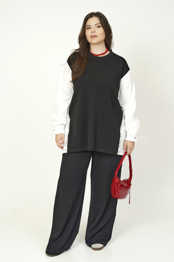 MIXED FABRIC BLOUSE WITH STRIPE DETAIL