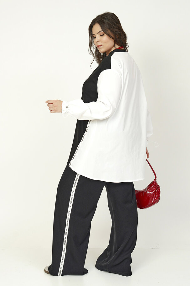 MIXED FABRIC BLOUSE WITH STRIPE DETAIL