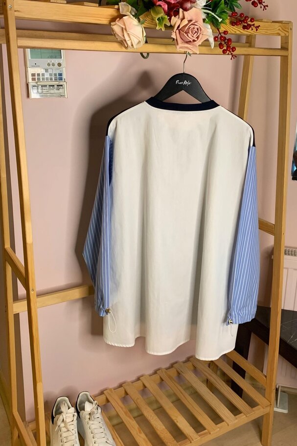 MIXED FABRIC BLOUSE WITH STRIPE DETAIL