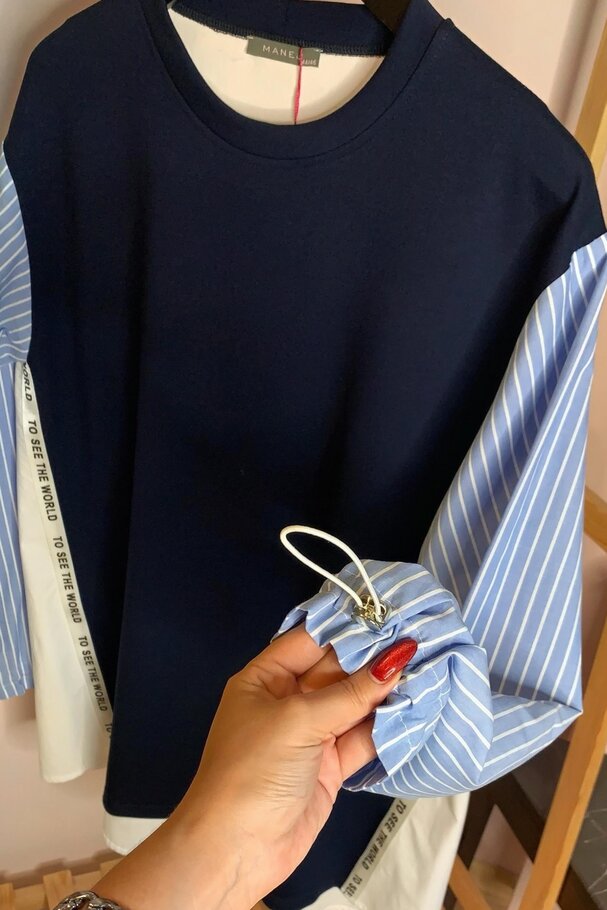 MIXED FABRIC BLOUSE WITH STRIPE DETAIL
