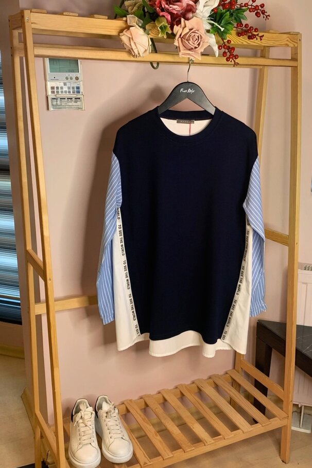 MIXED FABRIC BLOUSE WITH STRIPE DETAIL