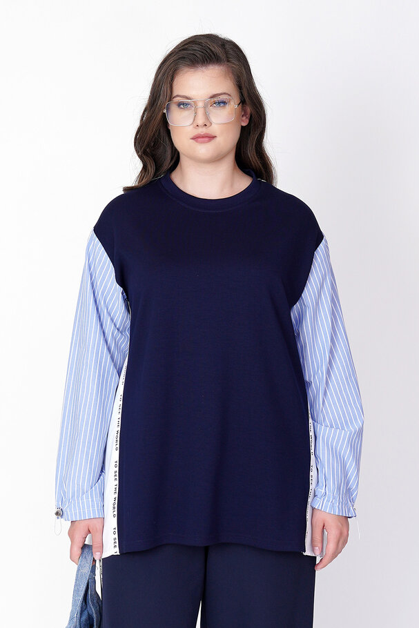 MIXED FABRIC BLOUSE WITH STRIPE DETAIL