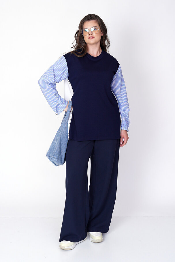 MIXED FABRIC BLOUSE WITH STRIPE DETAIL