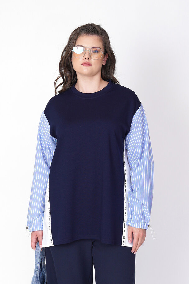MIXED FABRIC BLOUSE WITH STRIPE DETAIL