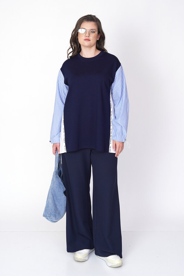 MIXED FABRIC BLOUSE WITH STRIPE DETAIL