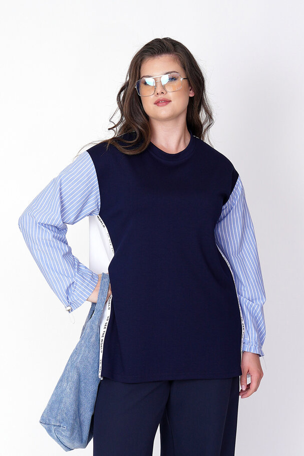 MIXED FABRIC BLOUSE WITH STRIPE DETAIL