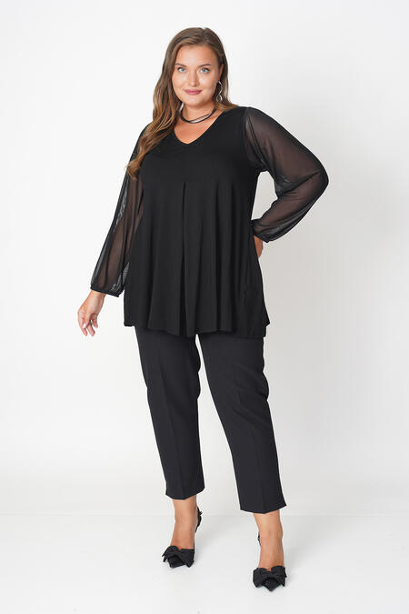  - PİLİLİ ŞİFON KOL V-YAKA BLUZ (1)