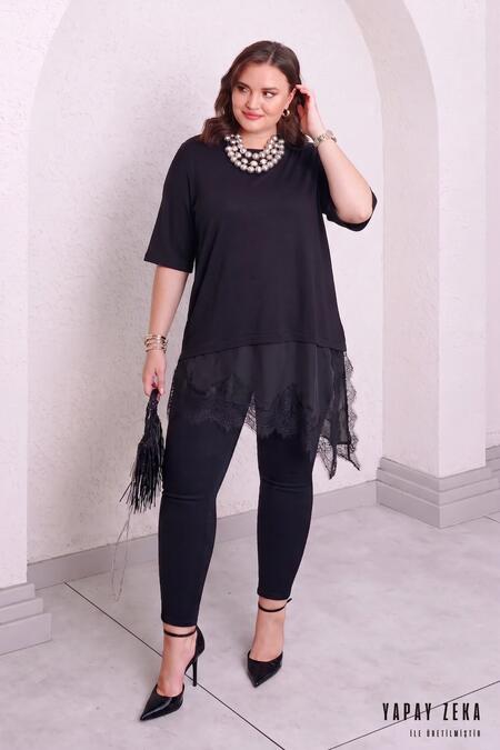 Büyük Moda - ASYMMETRIC LACE DETAIL AND SATIN MIX T-SHIRT (1)
