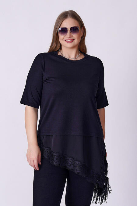 Büyük Moda - ASYMMETRIC LACE DETAIL AND SATIN MIX T-SHIRT
