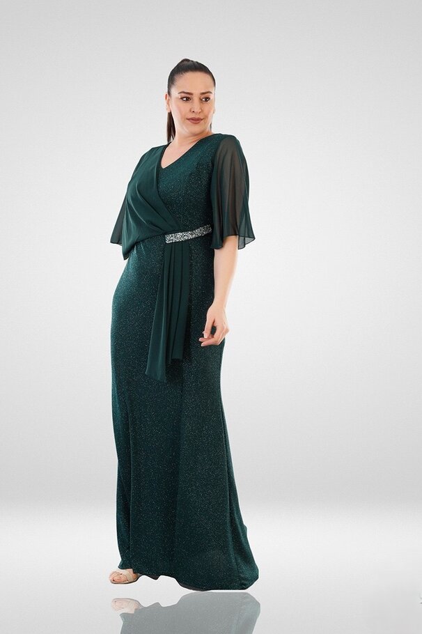 CHIFFON DETAIL STONE LONG EVENING DRESS