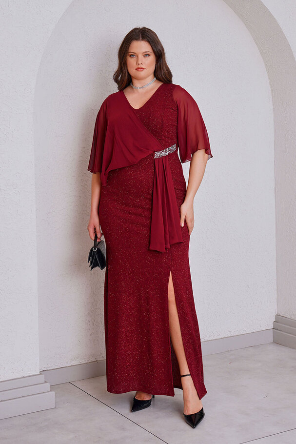 CHIFFON DETAIL STONE LONG EVENING DRESS