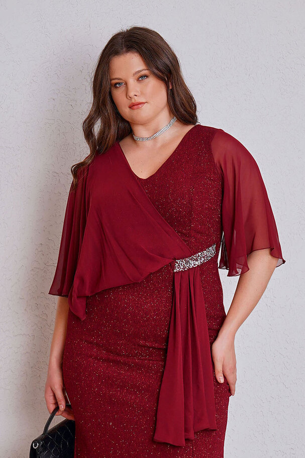 CHIFFON DETAIL STONE LONG EVENING DRESS