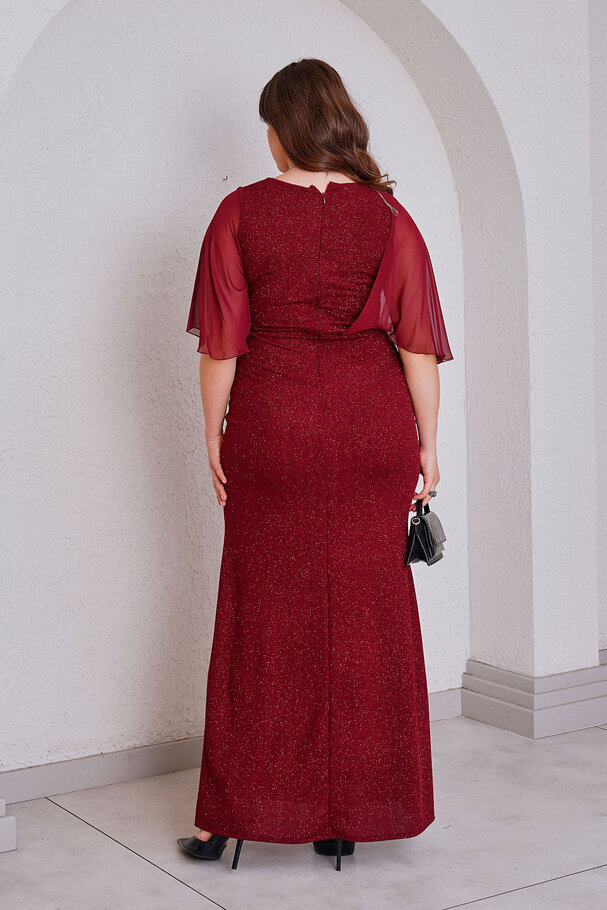 CHIFFON DETAIL STONE LONG EVENING DRESS