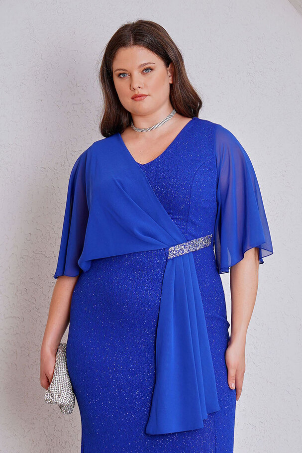 CHIFFON DETAIL STONE LONG EVENING DRESS