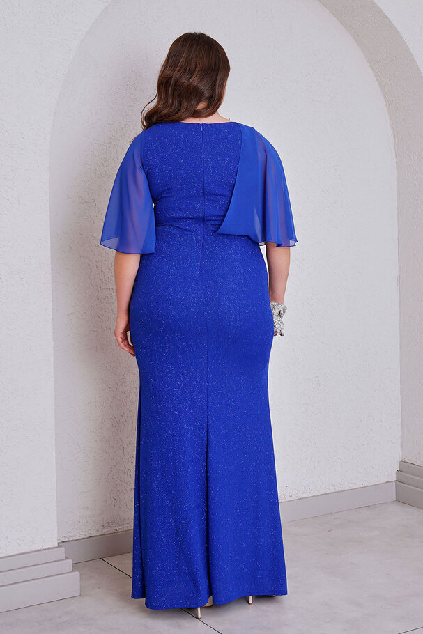 CHIFFON DETAIL STONE LONG EVENING DRESS